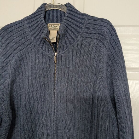 LL Bean Ribbed Sweater Mens Size Large Blue Cotton Knit Full Zip Mock Neck - Picture 2 of 8